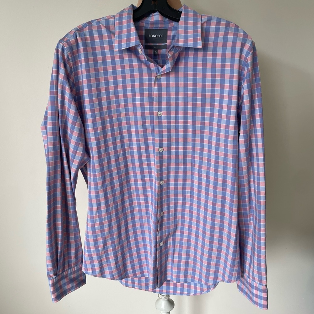 Bonobo Pink Blue Slim Fit Plaid Tech Long Sleeve Casual Button Down Shirt Size M
